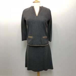 60s Vintage 2Pc Dress Wool 3/4 Sleeve Back Buttons